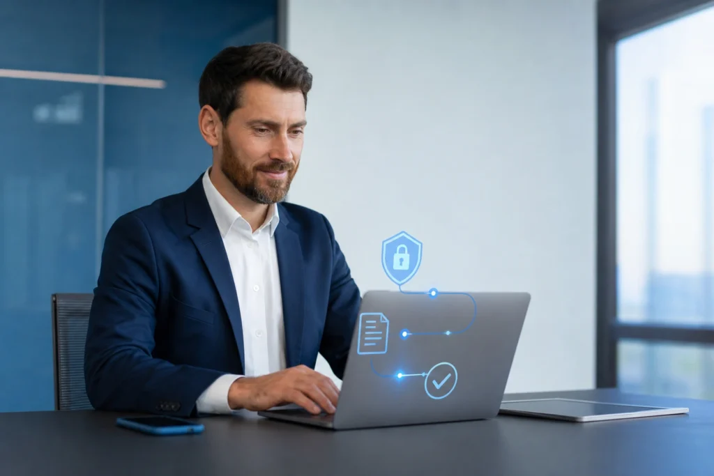 assinar contratos empresariais com certificado digital em gestor brasileiro assinando contrato empresarial em notebook