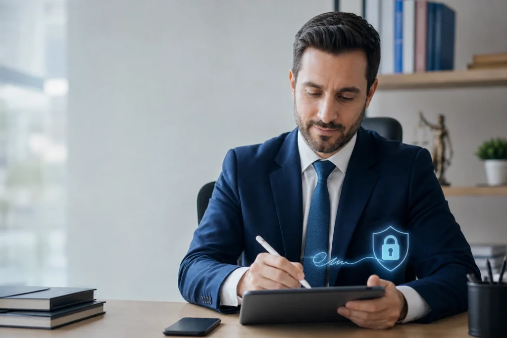assinar petições com certificado digital em advogado brasileiro assinando petição digital em notebook