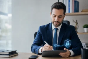 assinar petições com certificado digital em advogado brasileiro assinando petição digital em notebook