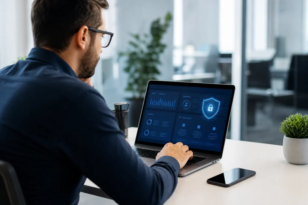 certificado A1 em sistemas de gestão em de TI e gestão empresarial monitorando ERP abstrato em notebook
