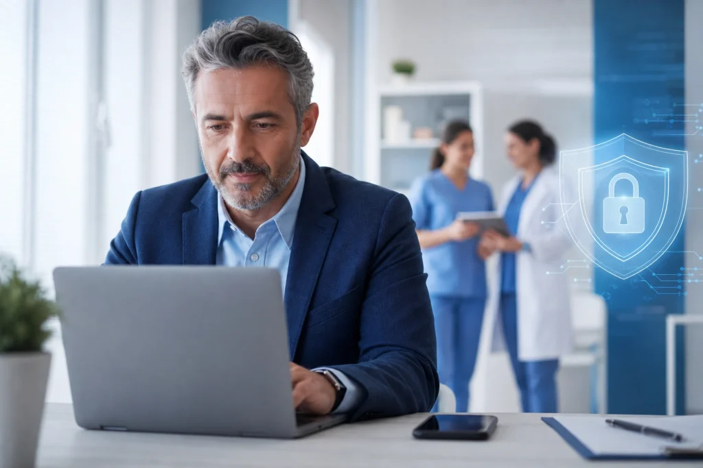 certificado digital para clínicas e consultórios em gestora de clínica brasileira analisando e-CPF e e-CNPJ em notebook