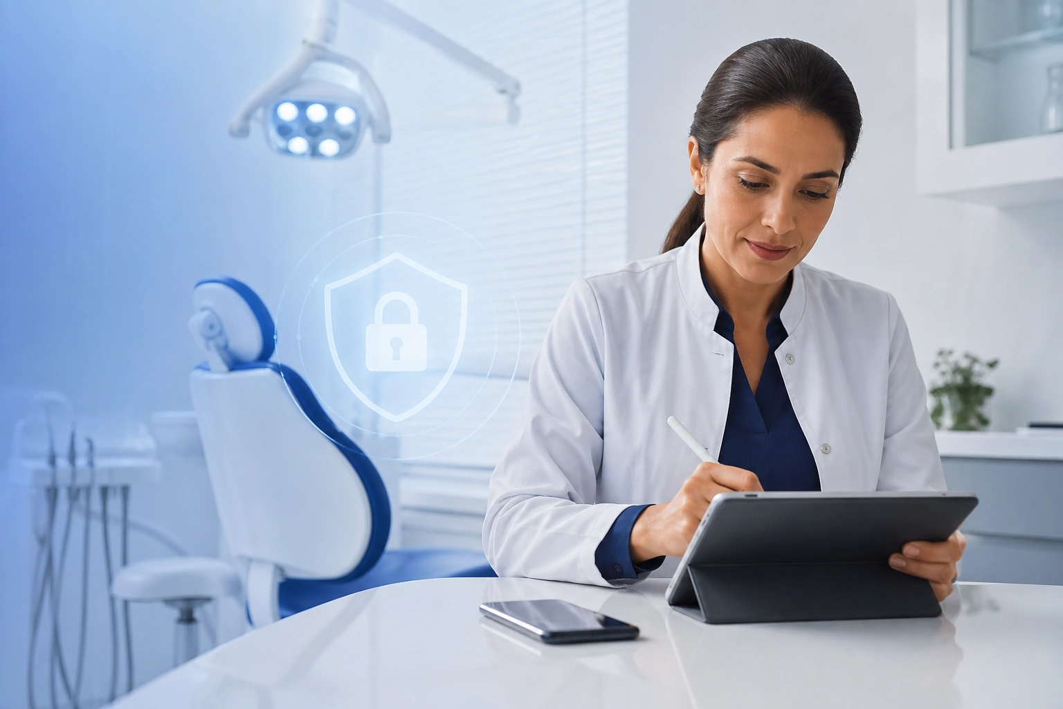 certificado digital para dentistas em dentista brasileira em consultório odontológico moderno assinando prescrição eletrônica em tablet