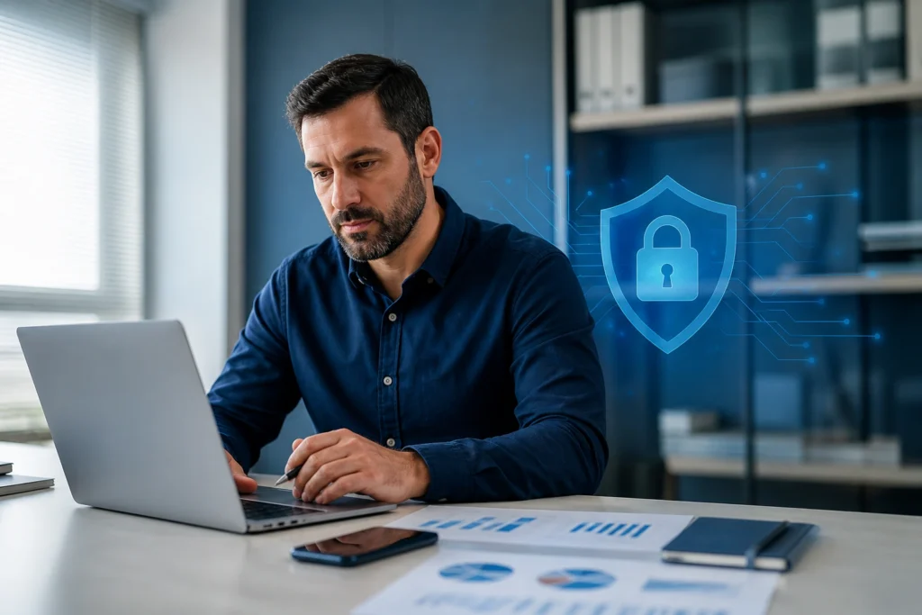 certificado digital para NF-e em gestor financeiro brasileiro analisando emissão fiscal em notebook