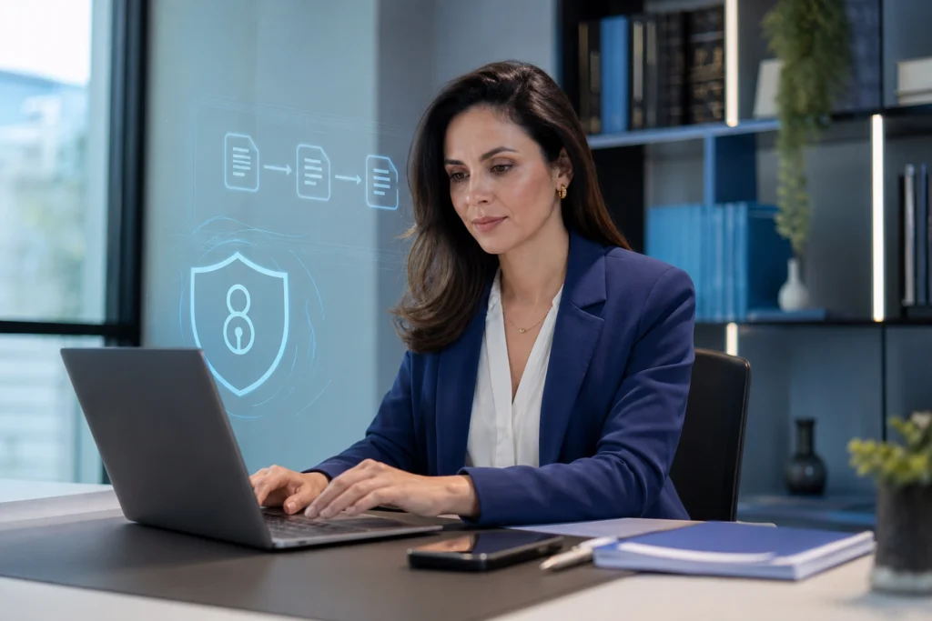certificado digital para peticionamento eletrônico em advogada brasileira em escritório jurídico contemporâneo usando notebook