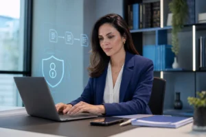 certificado digital para peticionamento eletrônico em advogada brasileira em escritório jurídico contemporâneo usando notebook