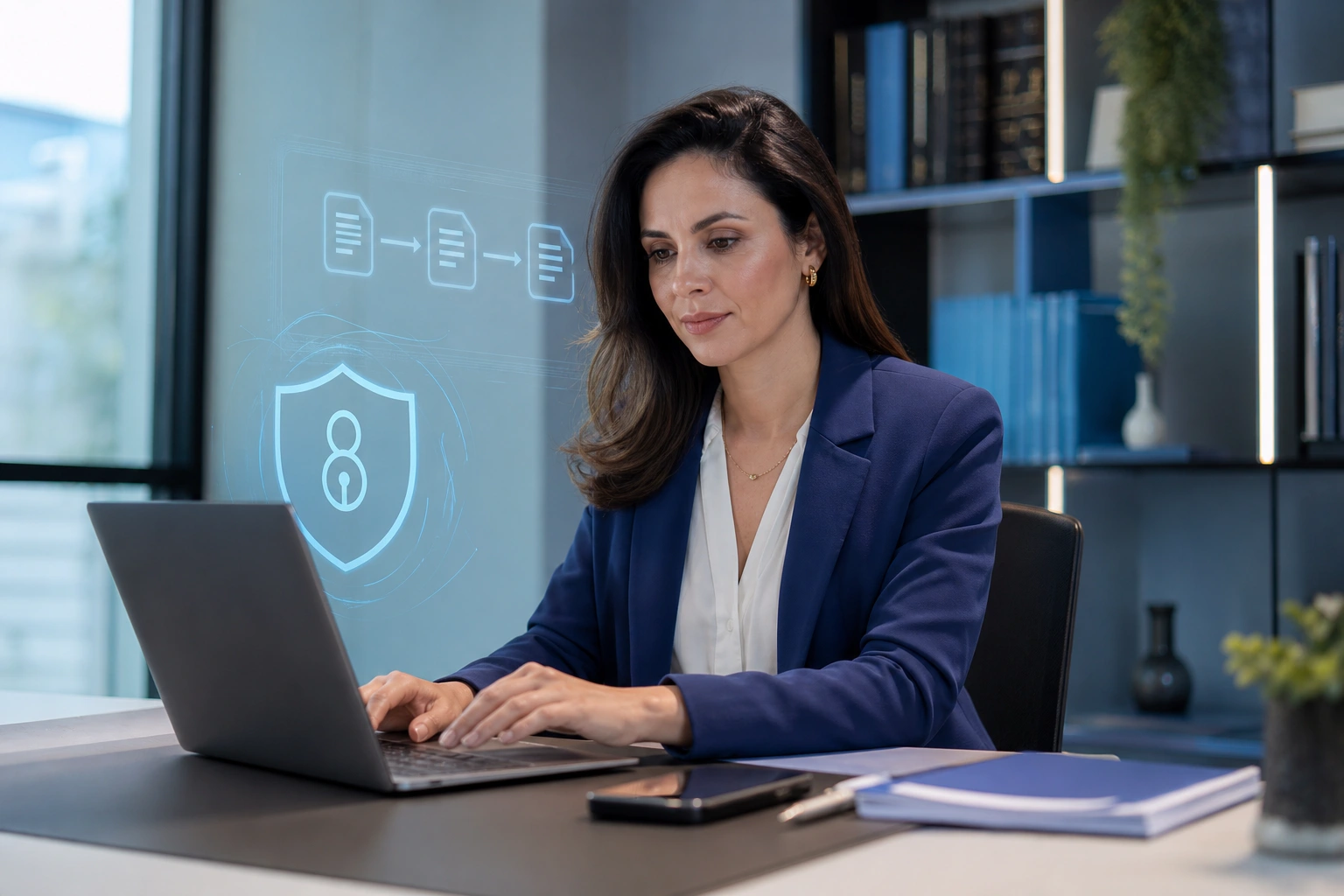 certificado digital para peticionamento eletrônico em advogada brasileira em escritório jurídico contemporâneo usando notebook