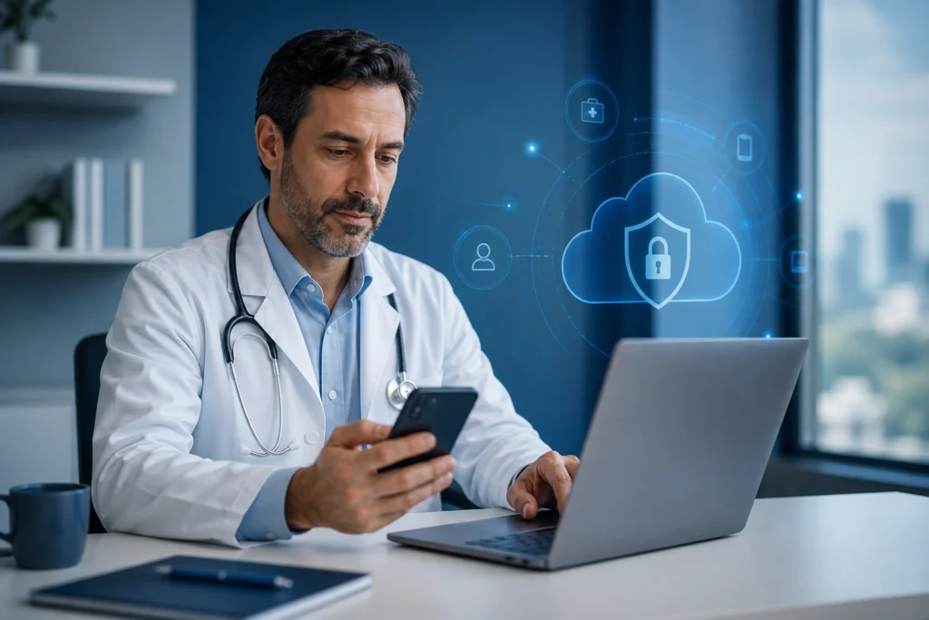 certificado em nuvem para médicos em médico brasileiro usando notebook e smartphone em consultório