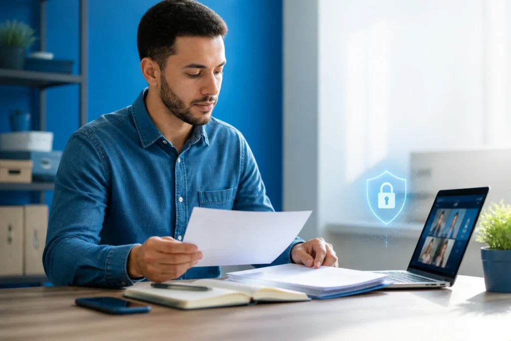 documentos para certificado digital do MEI em microempreendedor brasileiro organizando documentos não legíveis e videoconferência em notebook
