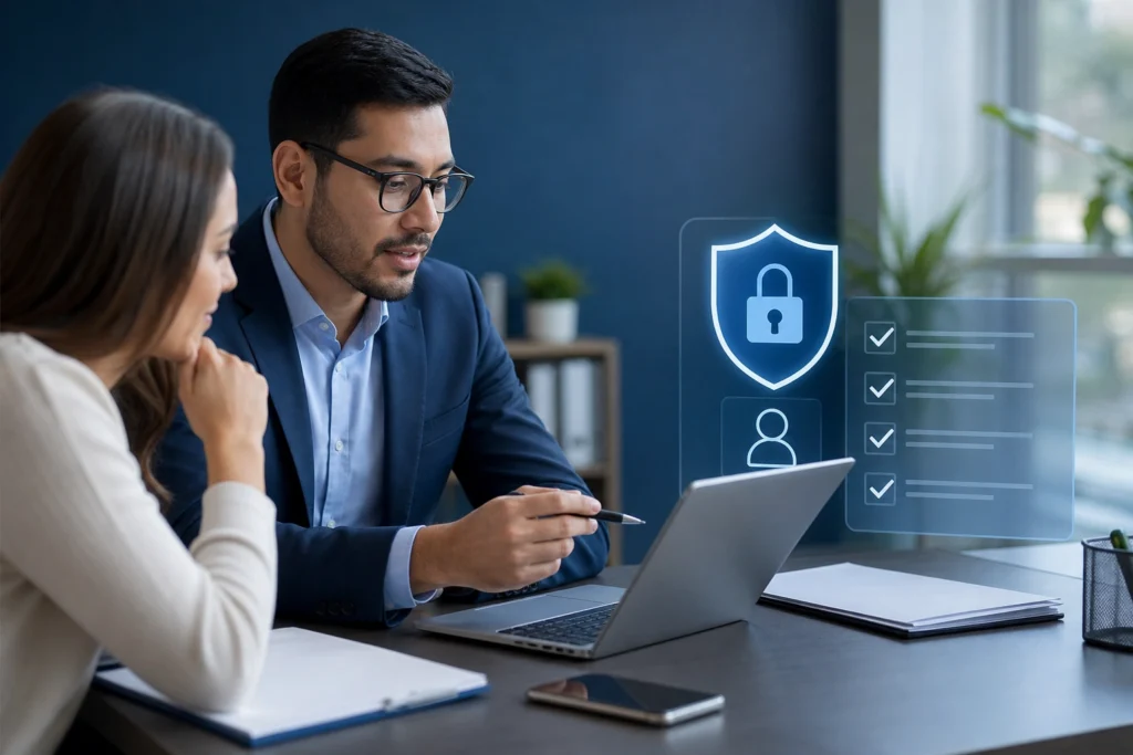 emissão de certificado digital para clientes em contador brasileiro orientando cliente com checklist em notebook