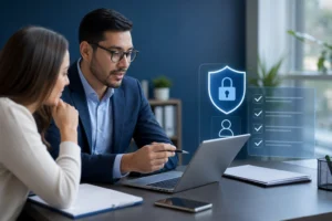 emissão de certificado digital para clientes em contador brasileiro orientando cliente com checklist em notebook