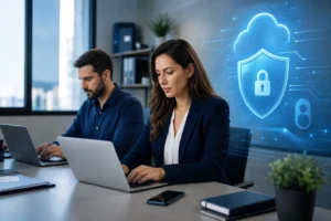 gerenciar certificados de clientes em equipe contábil pequena em escritório moderno com cofre digital abstrato