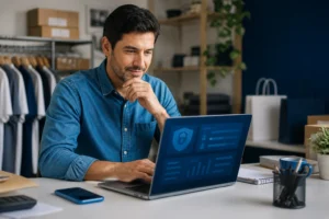MEI com funcionário certificado digital em microempreendedor brasileiro com pequeno painel de folha em notebook
