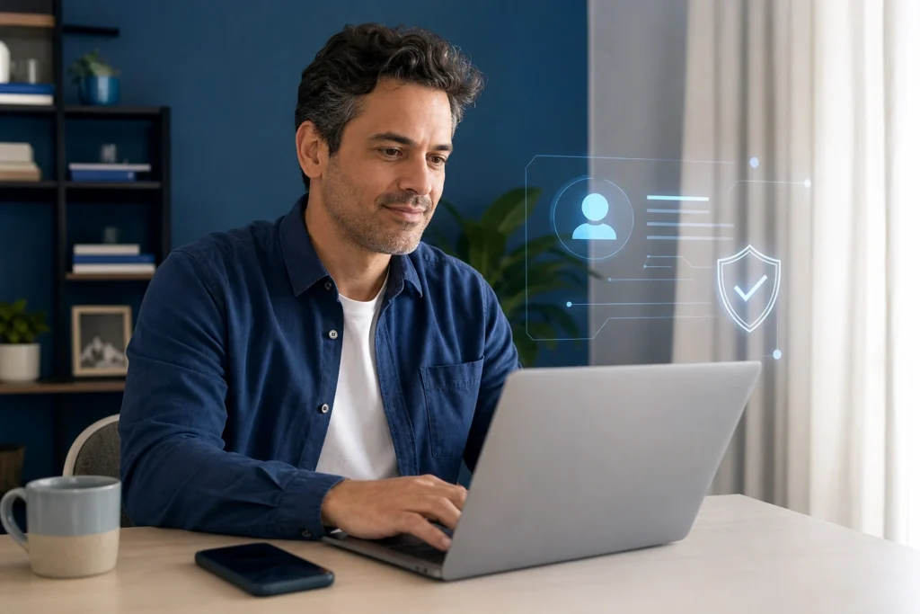 procuração eletrônica com e-CPF em home office organizado com adulto brasileiro conferindo autorização digital no notebook