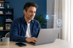 procuração eletrônica com e-CPF em home office organizado com adulto brasileiro conferindo autorização digital no notebook