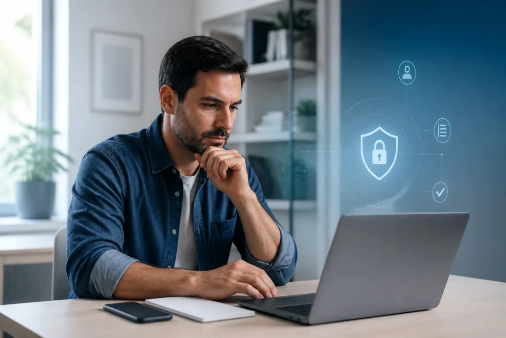 segurança do e-CPF em conferindo notebook e smartphone em home office